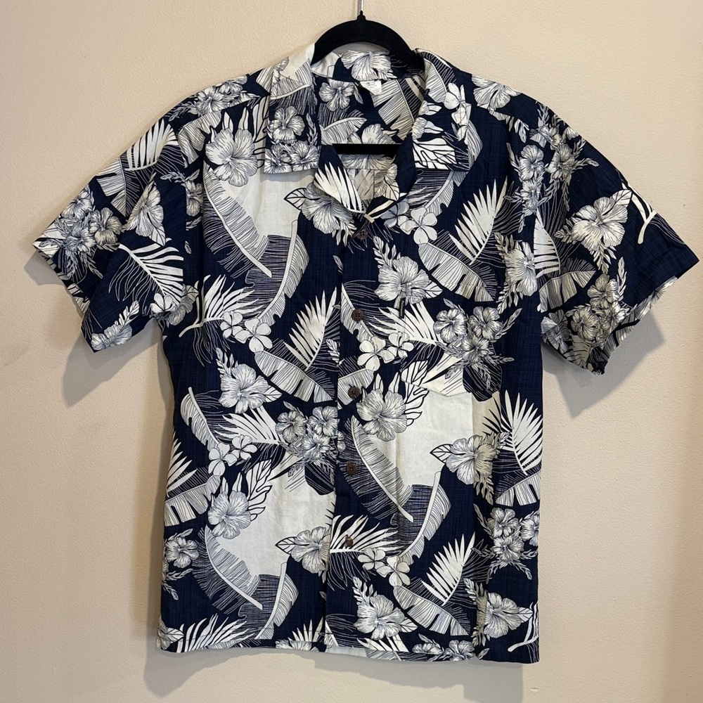 Palmwave Hawaii Navy Blue Men's Button Hawaiian Floral Shirt Vacation Ready